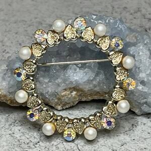 Vintage Coro signed goldtone faux pearl ab rhinestone wreath bridal